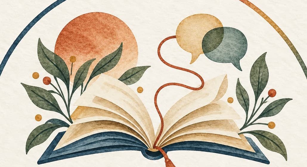 Sol, hojas y un libro abierto con globos de diálogo — ilustración de Trama